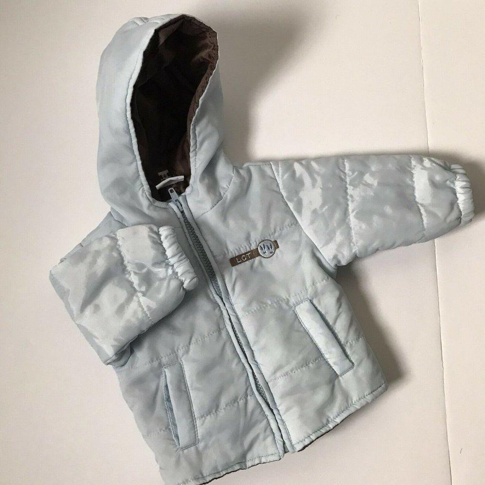 Little Cockney hooded winter lightweight jacket light blue brown unisex size 6m